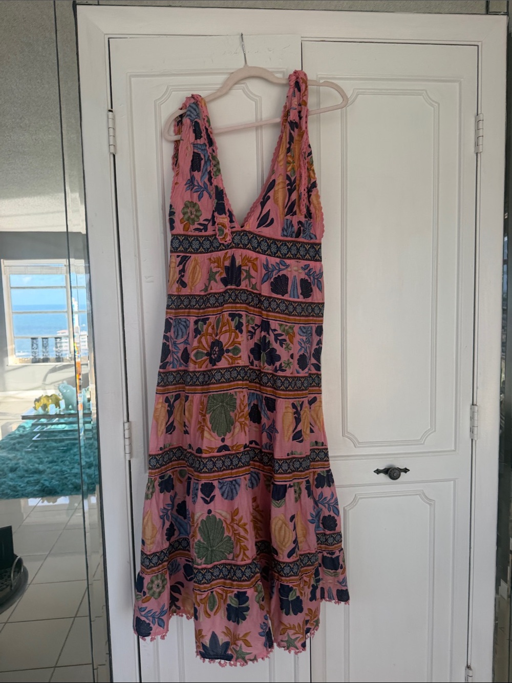 FARM Rio Pink Floral Tiered V-Neck Midi Dress